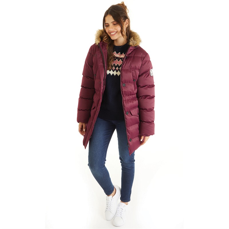 Board Angels Womens Padded Bubble Jacket With Faux Fur Hood Burgundy