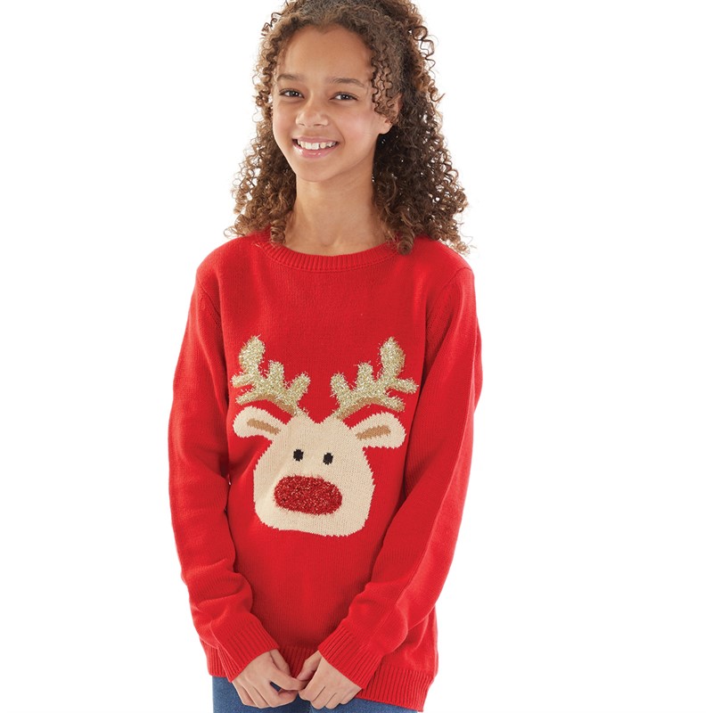 Board Angels Girls Rudolf Christmas Jumper Red