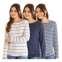 Board Angels Womens Stripe/Plain Three Pack Long Sleeved T-Shirts Navy/Pink