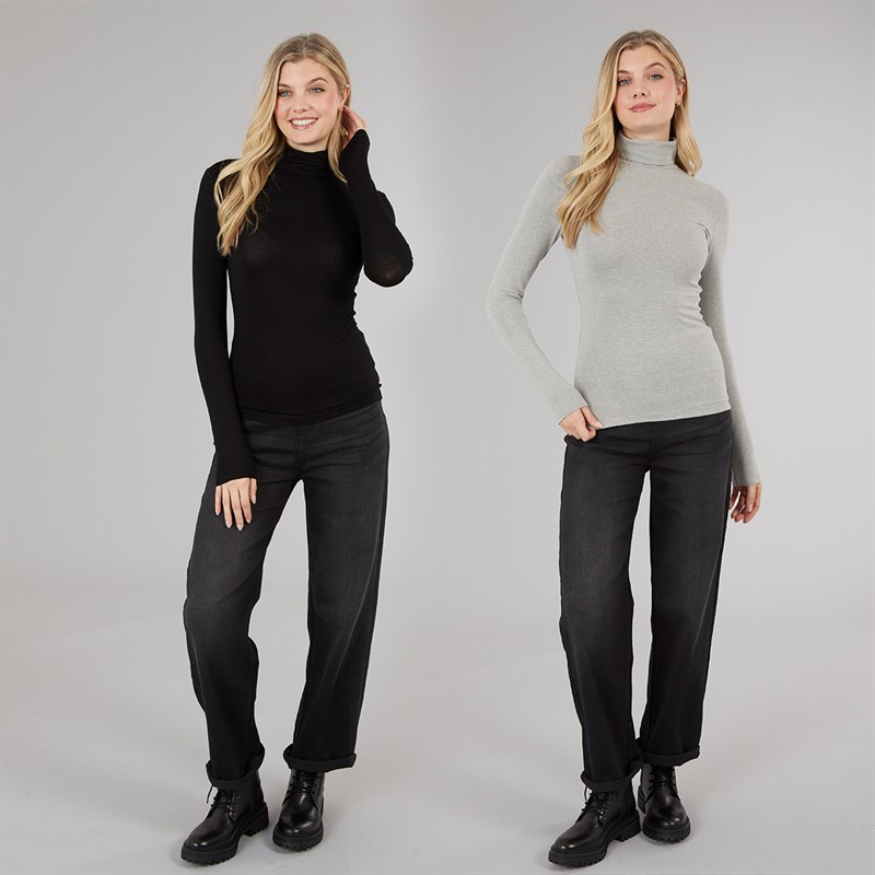 Board Angels Womens Roll Neck Plain Two Pack Grey Marl/Black