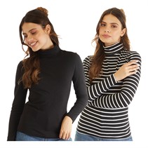 Board Angels Womens Roll Neck Stripe/Plain Two Pack Black/White