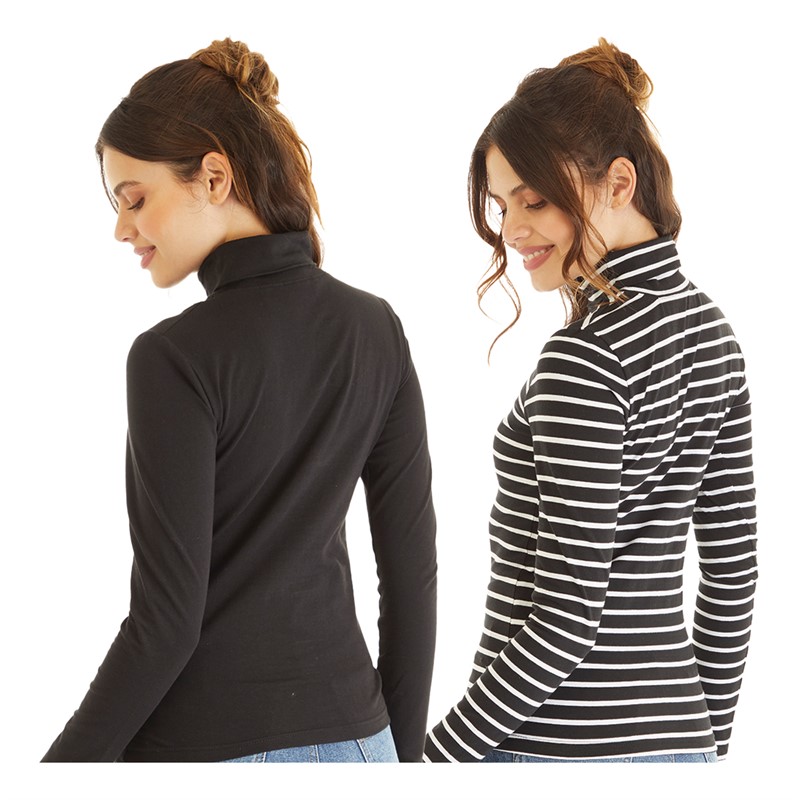 Board Angels Womens Roll Neck Stripe/Plain Two Pack Black/White