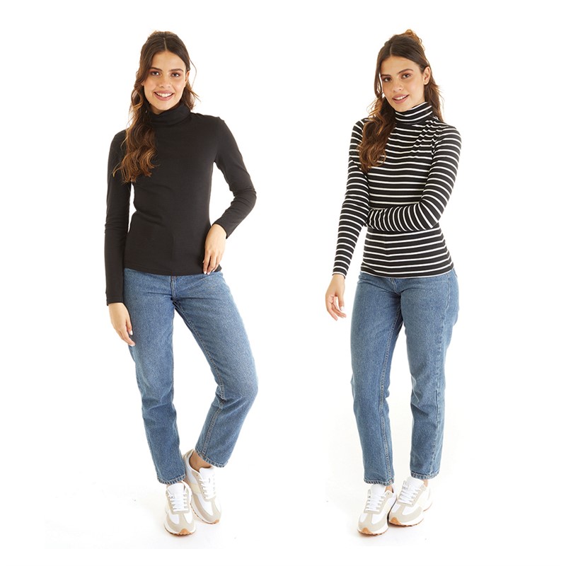 Board Angels Womens Roll Neck Stripe/Plain Two Pack Black/White