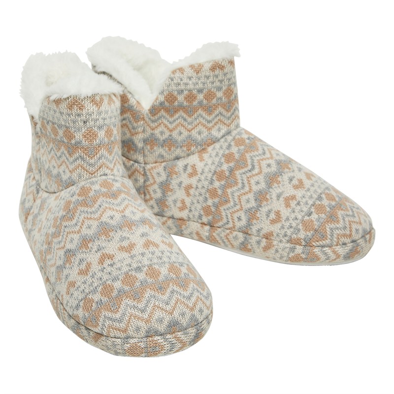 Board Angels Womens Fairisle Sherpa Lined Bootee Slippers Cream/Multi