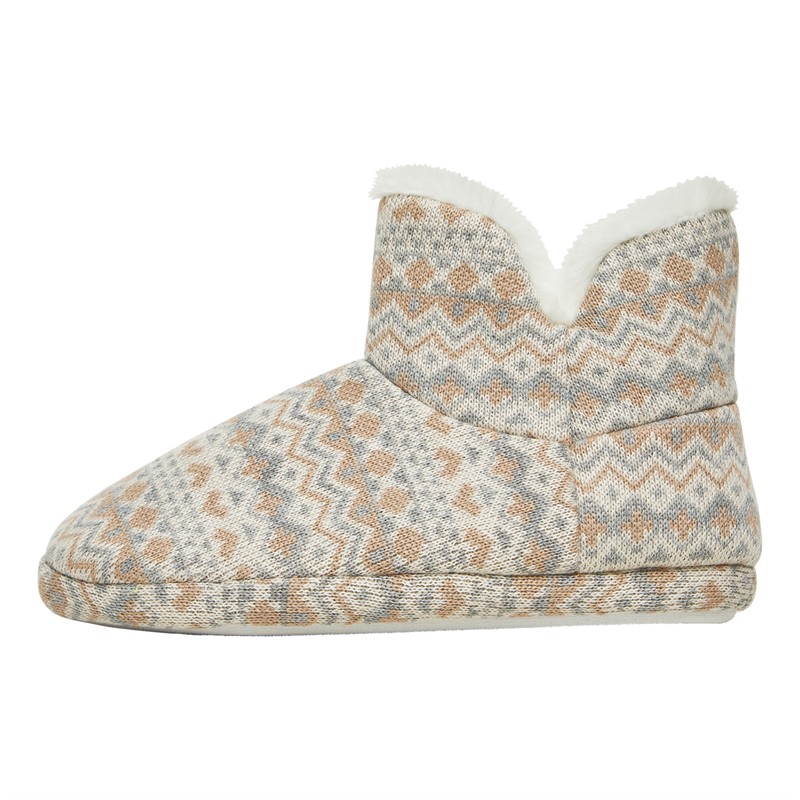 Board Angels Womens Fairisle Sherpa Lined Bootee Slippers Cream/Multi