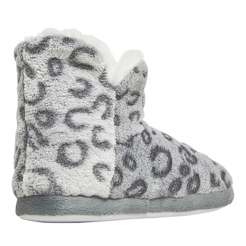 Board Angels Womens Leopard Print Bootee Slipper Grey