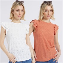 Board Angels Womens Broderie Anglaise Two Pack Tops White/Terracotta Orange