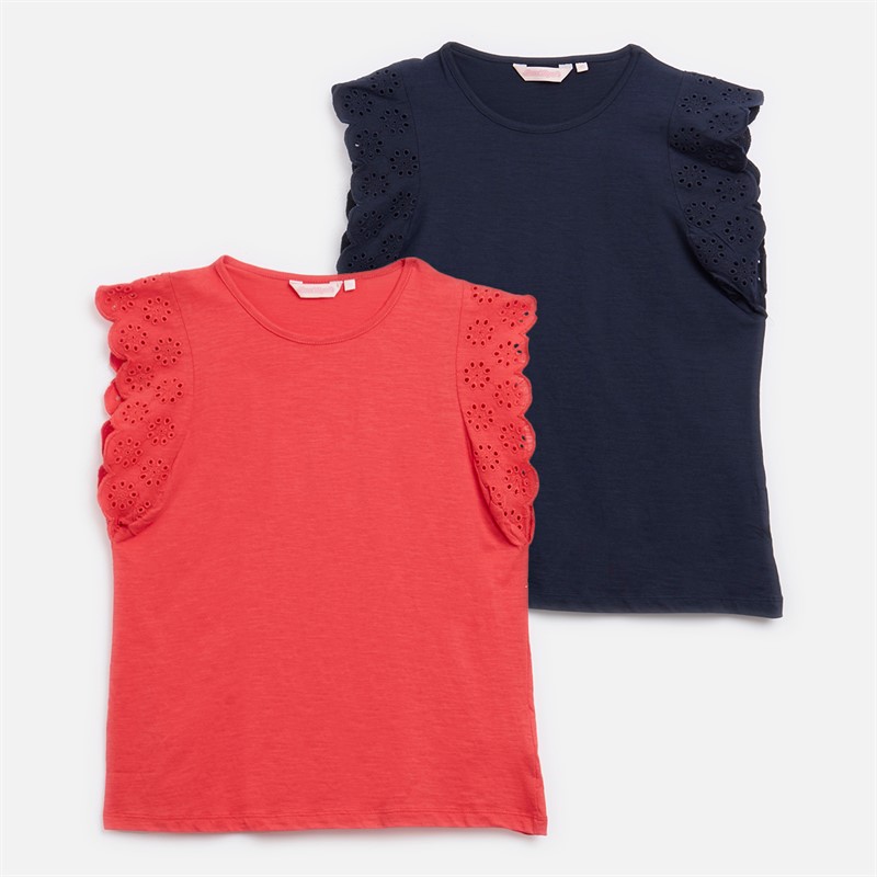Womens Broderie Anglaise Two Pack T-Shirts Navy/Fuscia Pink - Size 14