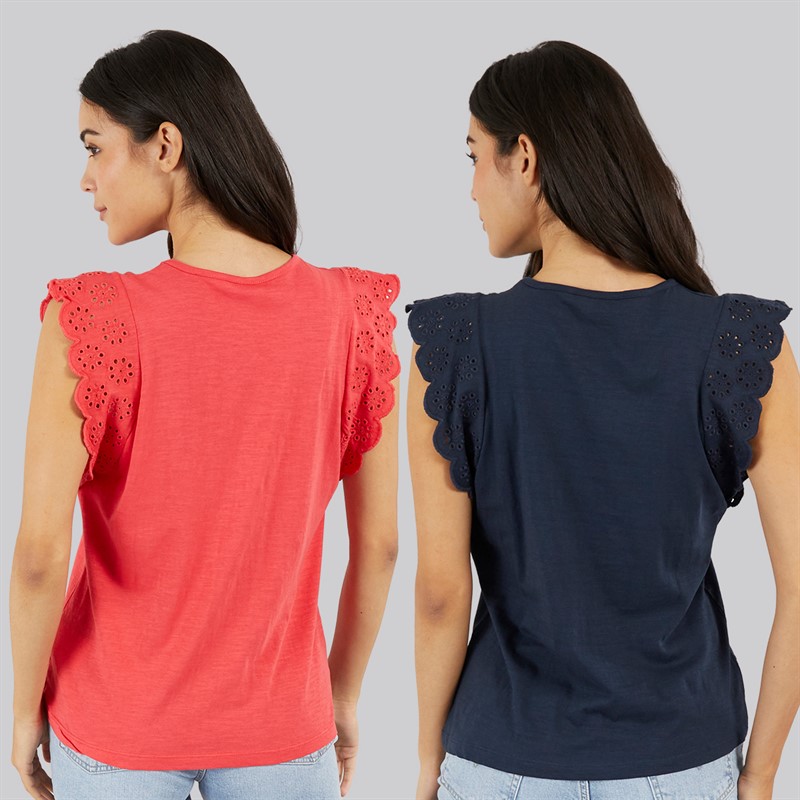 Board Angels Womens Broderie Anglaise Two Pack T-Shirts Navy/Fuscia Pink