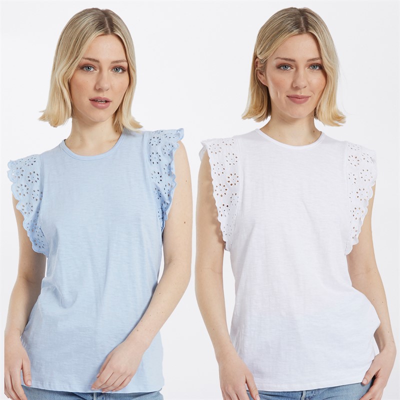 Board Angels Womens Broderie Anglaise Two Pack T-Shirts White/Blue