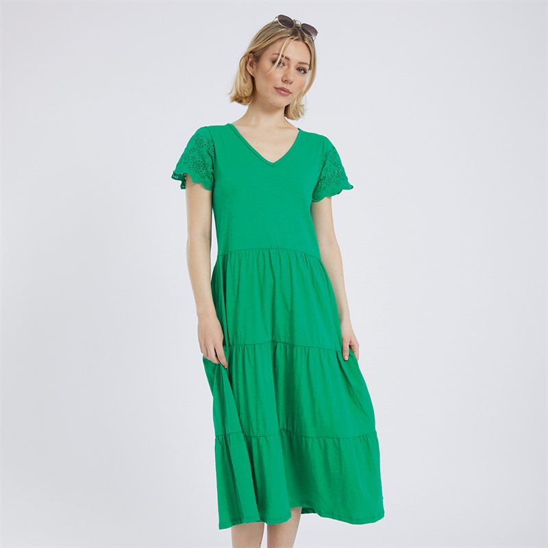 Board Angels Womens Broderie Sleeve Dress Green