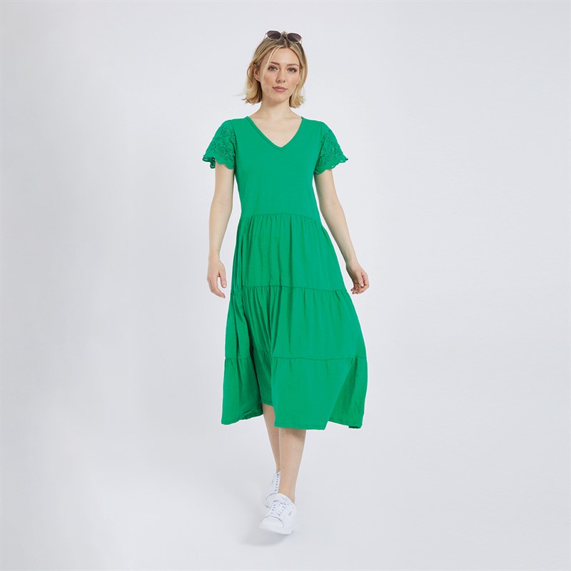 Board Angels Womens Broderie Sleeve Dress Green