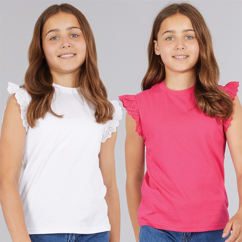 Girls Two Pack Broderie Sleeve Vest Tops Fuscia Pink/White - Size 7/8Y
