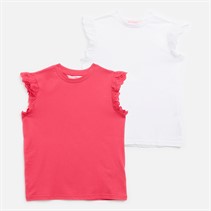 Board Angels Girls Two Pack Broderie Sleeve Vest Tops Fuscia Pink/White