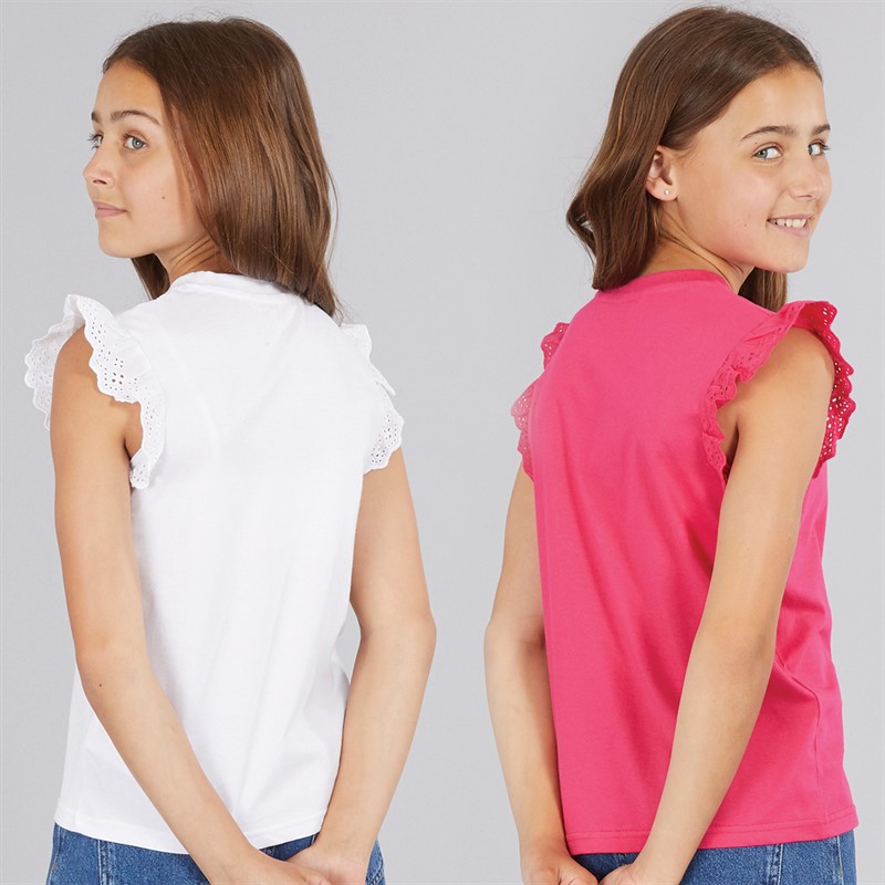 Board Angels Girls Two Pack Broderie Sleeve Vest Tops Fuscia Pink/White