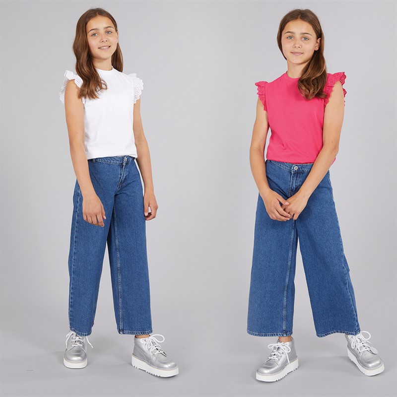Board Angels Girls Two Pack Broderie Sleeve Vest Tops Fuscia Pink/White