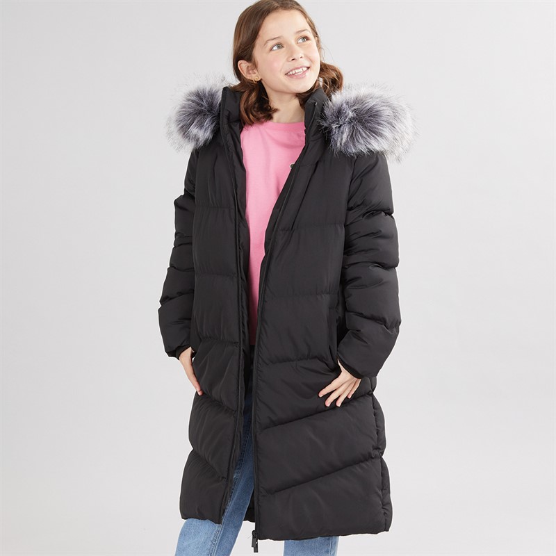 Girls Long Puffer Jacket With Faux Fur Hood Black - Size 5/6Y