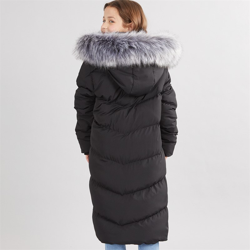 Board Angels Girls Long Puffer Coat With Faux Fur Hood Black
