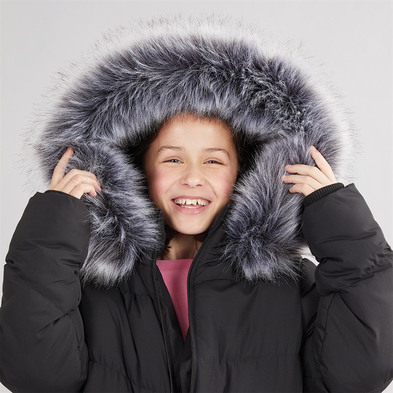 Board Angels Girls Long Puffer Coat With Faux Fur Hood Black
