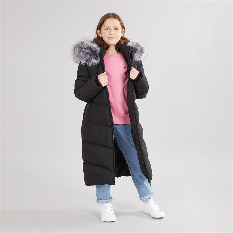 Board Angels Girls Long Puffer Coat With Faux Fur Hood Black