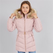 Board Angels Girls Belted Jacket With Faux Fur Hood Pink