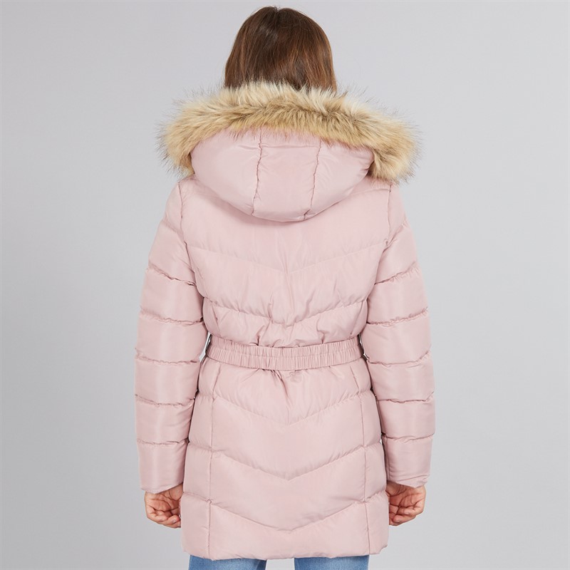 Board Angels Girls Belted Jacket With Faux Fur Hood Pink