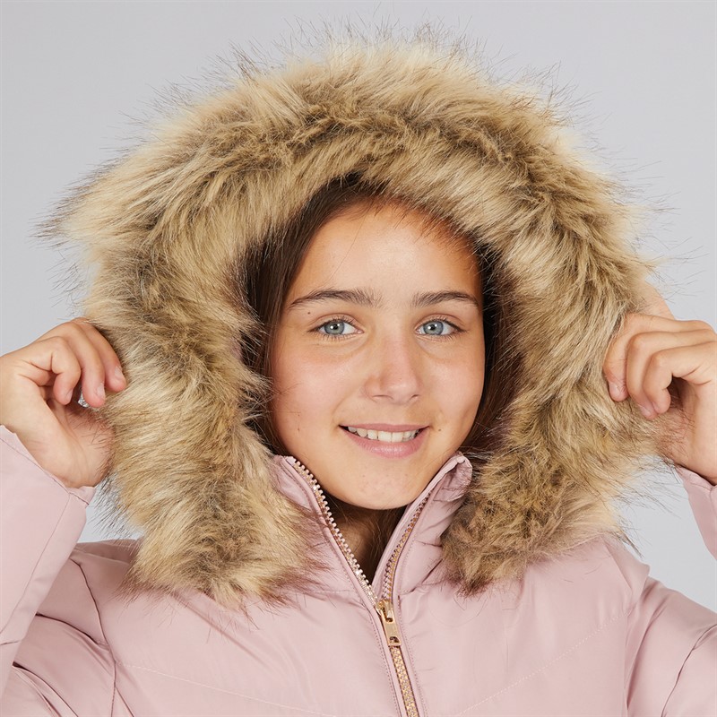 Board Angels Girls Belted Jacket With Faux Fur Hood Pink