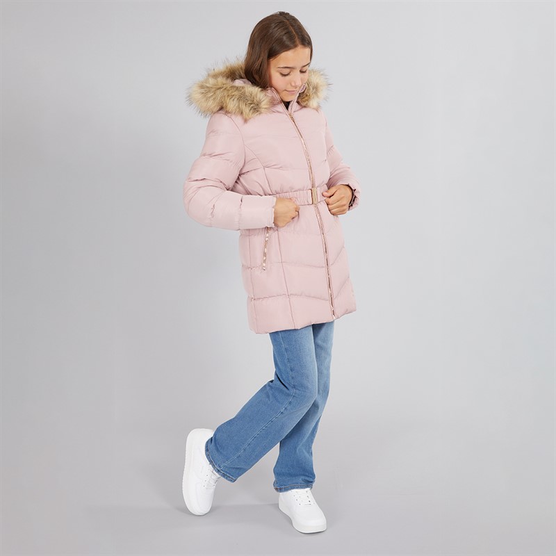 Board Angels Girls Belted Jacket With Faux Fur Hood Pink