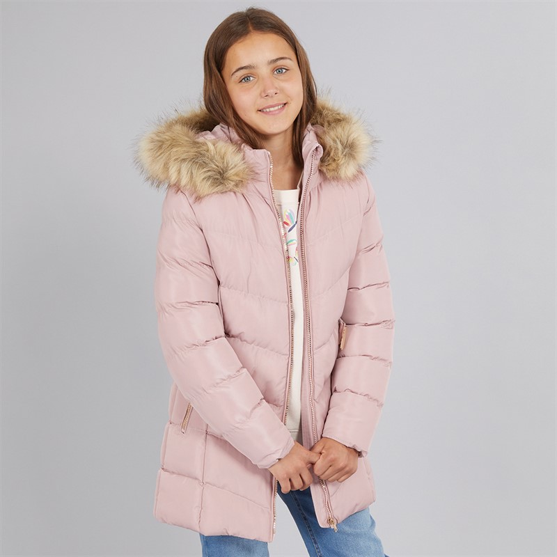 Board Angels Girls Belted Jacket With Faux Fur Hood Pink