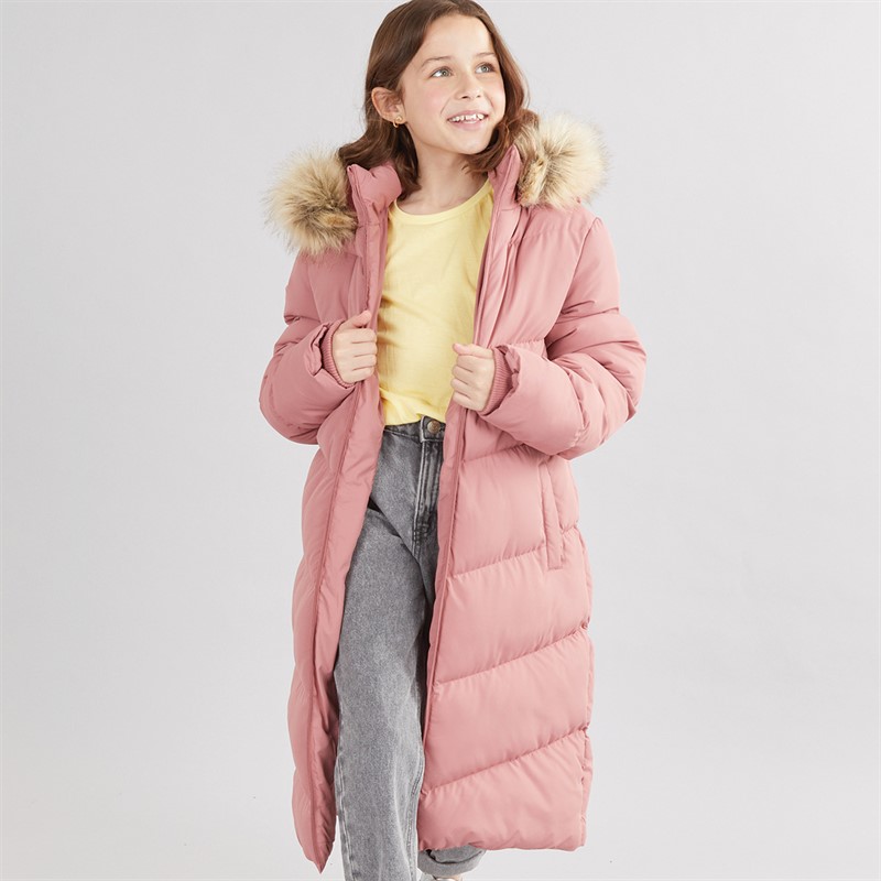 Girls Long Puffer Jacket With Faux Fur Hood Dusky Pink - Size 7/8Y