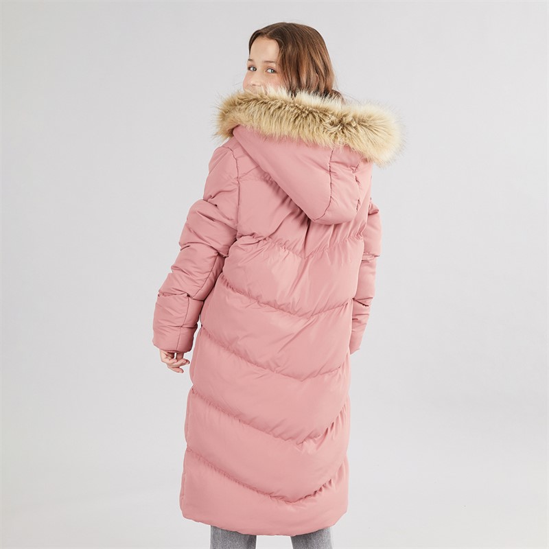 Board Angels Girls Long Puffer Coat With Faux Fur Hood Dusky Pink