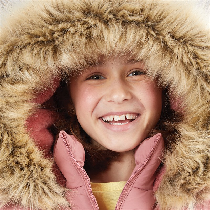 Board Angels Girls Long Puffer Coat With Faux Fur Hood Dusky Pink