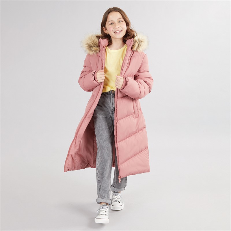 Board Angels Girls Long Puffer Coat With Faux Fur Hood Dusky Pink