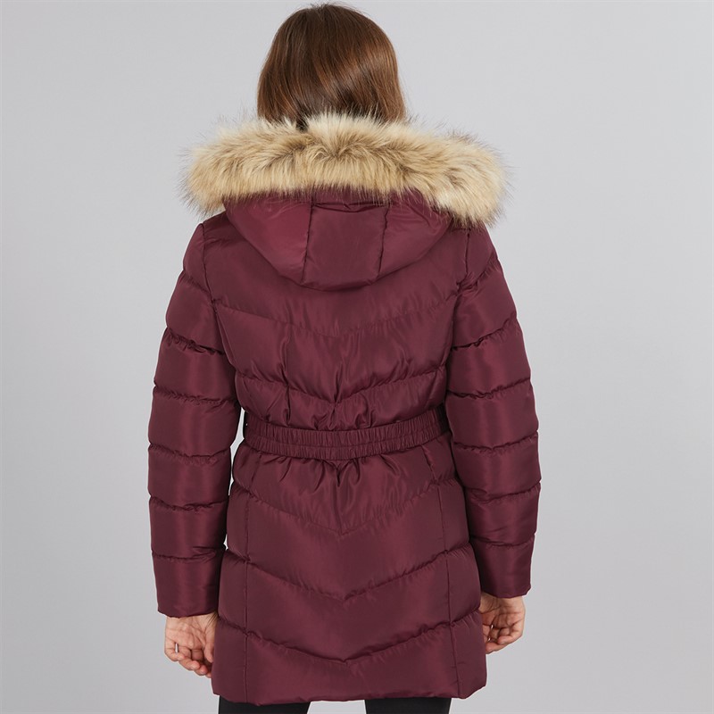 Board Angels Girls Belted Jacket With Faux Fur Hood Burgundy