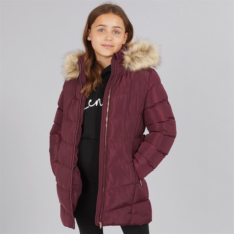 Board Angels Girls Belted Jacket With Faux Fur Hood Burgundy