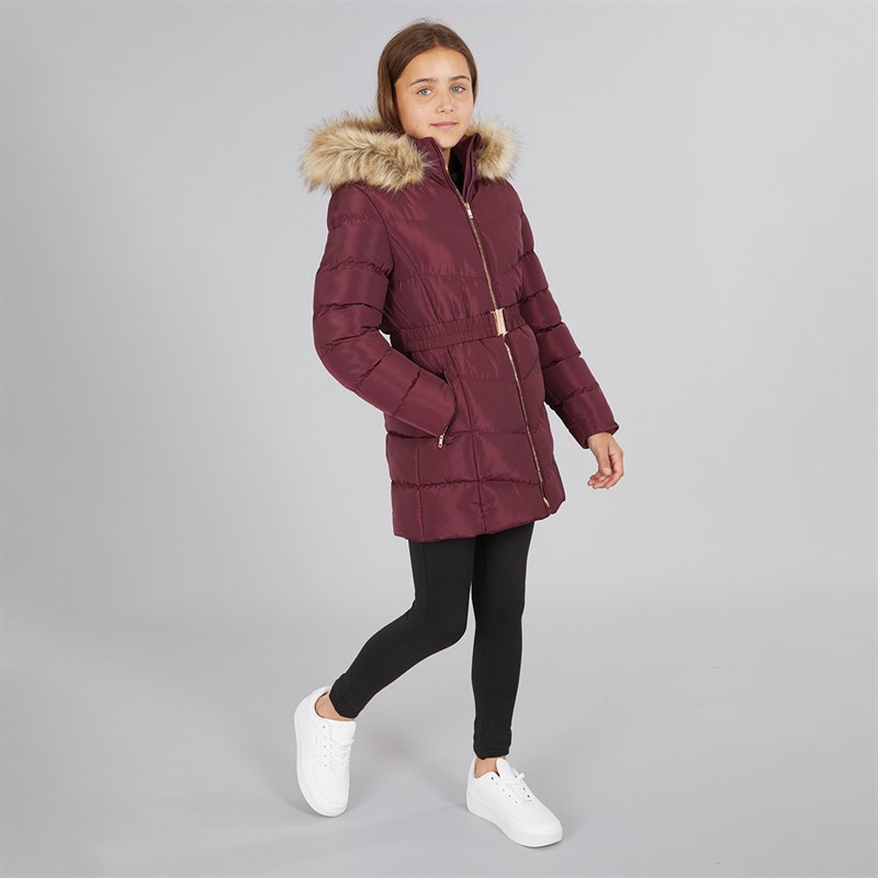 Board Angels Girls Belted Jacket With Faux Fur Hood Burgundy