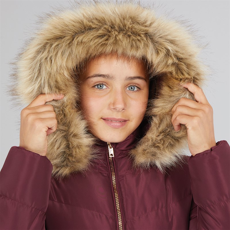 Board Angels Girls Belted Jacket With Faux Fur Hood Burgundy