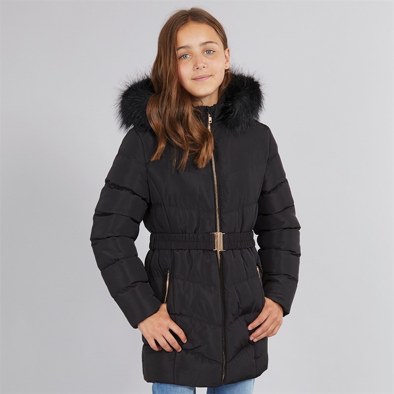 Girls Belted Jacket With Faux Fur Hood Black - Size 5/6Y