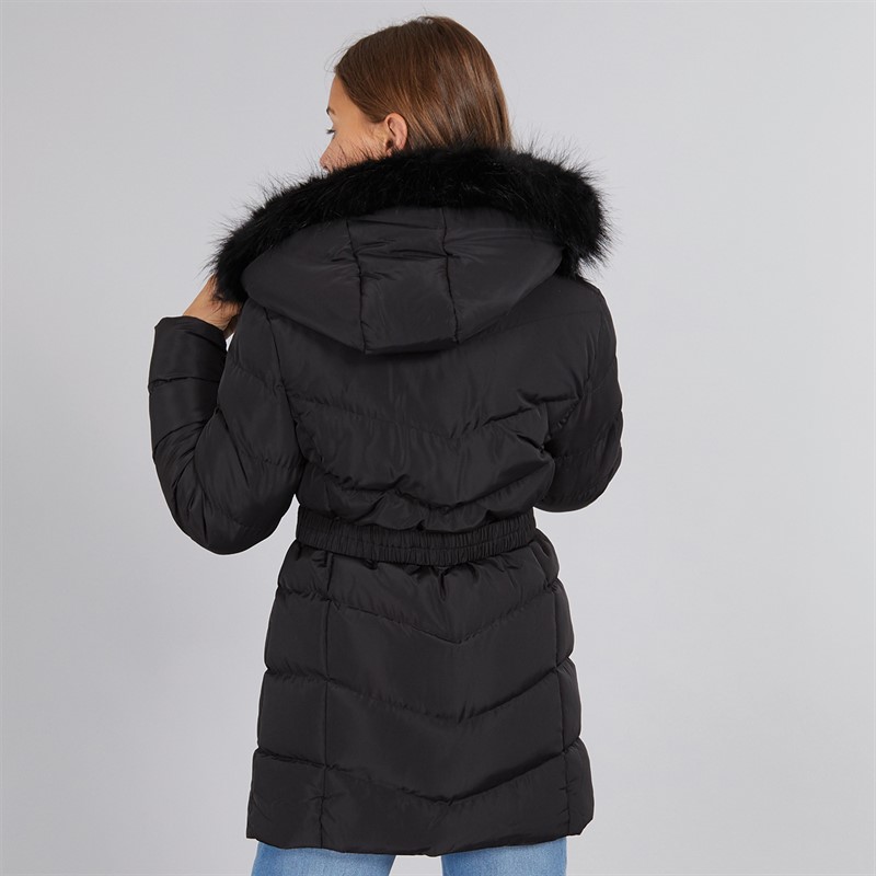 Board Angels Girls Belted Jacket With Faux Fur Hood Black