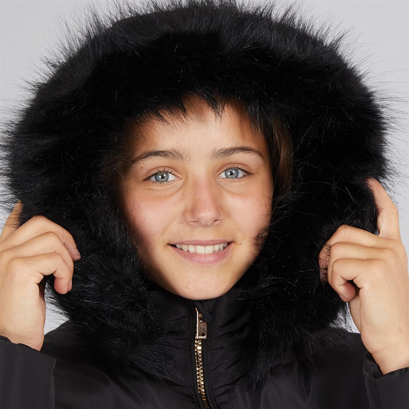 Board Angels Girls Belted Jacket With Faux Fur Hood Black