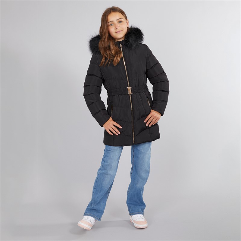 Board Angels Girls Belted Jacket With Faux Fur Hood Black