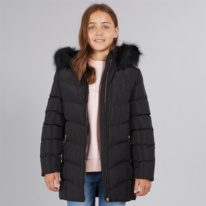 Board Angels Girls Belted Jacket With Faux Fur Hood Black