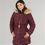 Board Angels Womens Belted Jacket With Faux Fur Trim Hood Burgundy