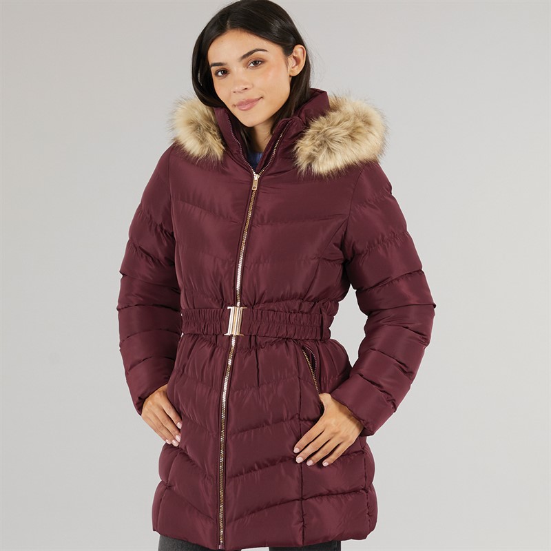Womens Belted Jacket With Faux Fur Trim Hood Burgundy - Size 20