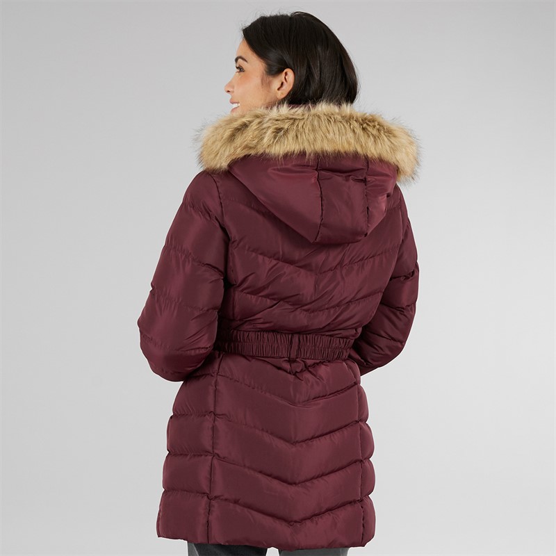 Board Angels Womens Belted Jacket With Faux Fur Trim Hood Burgundy