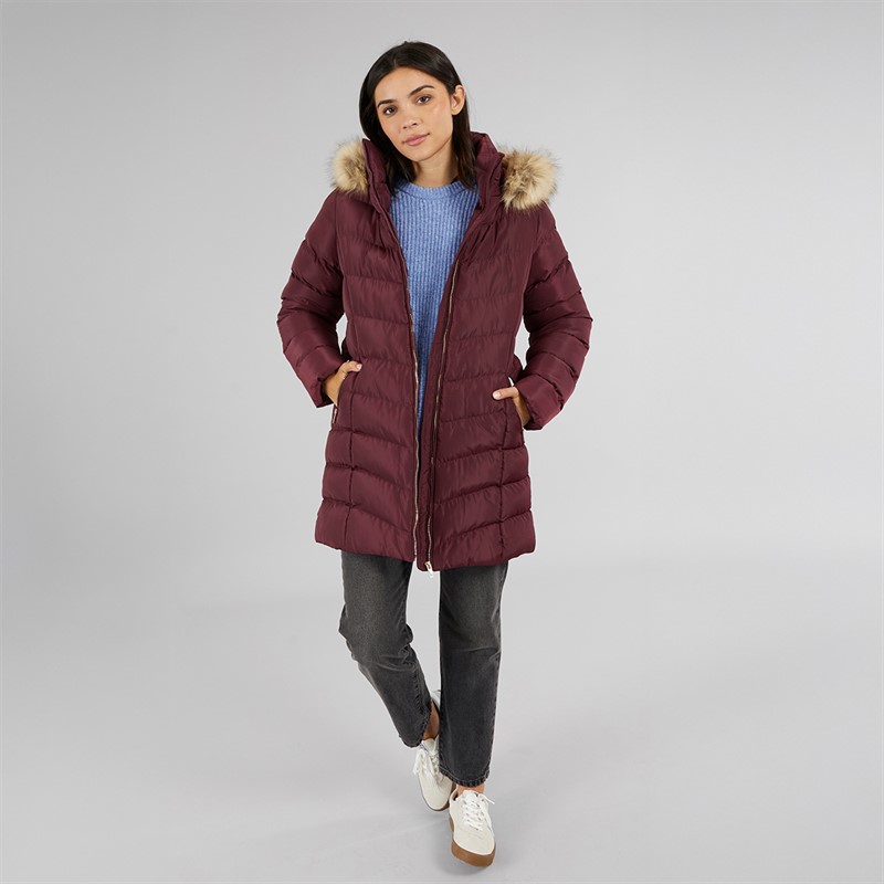 Board Angels Womens Belted Jacket With Faux Fur Trim Hood Burgundy
