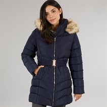 Board Angels Womens Belted Jacket With Faux Fur Trim Hood Navy