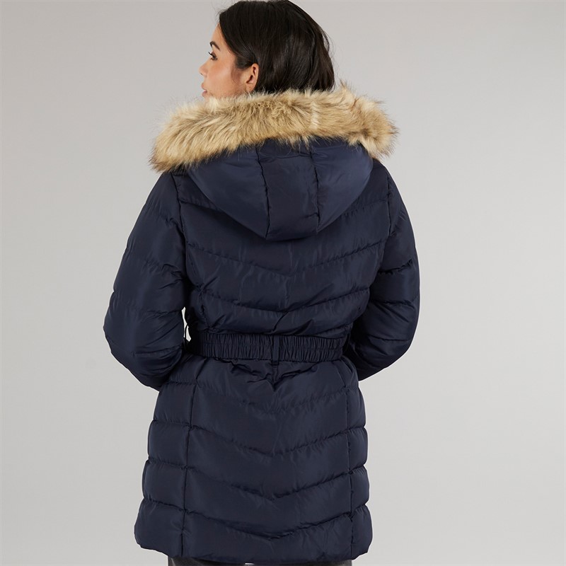 Board Angels Womens Belted Jacket With Faux Fur Trim Hood Navy