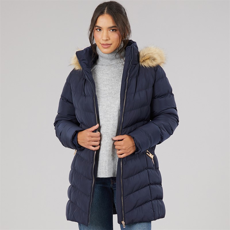 Board Angels Womens Belted Jacket With Faux Fur Trim Hood Navy