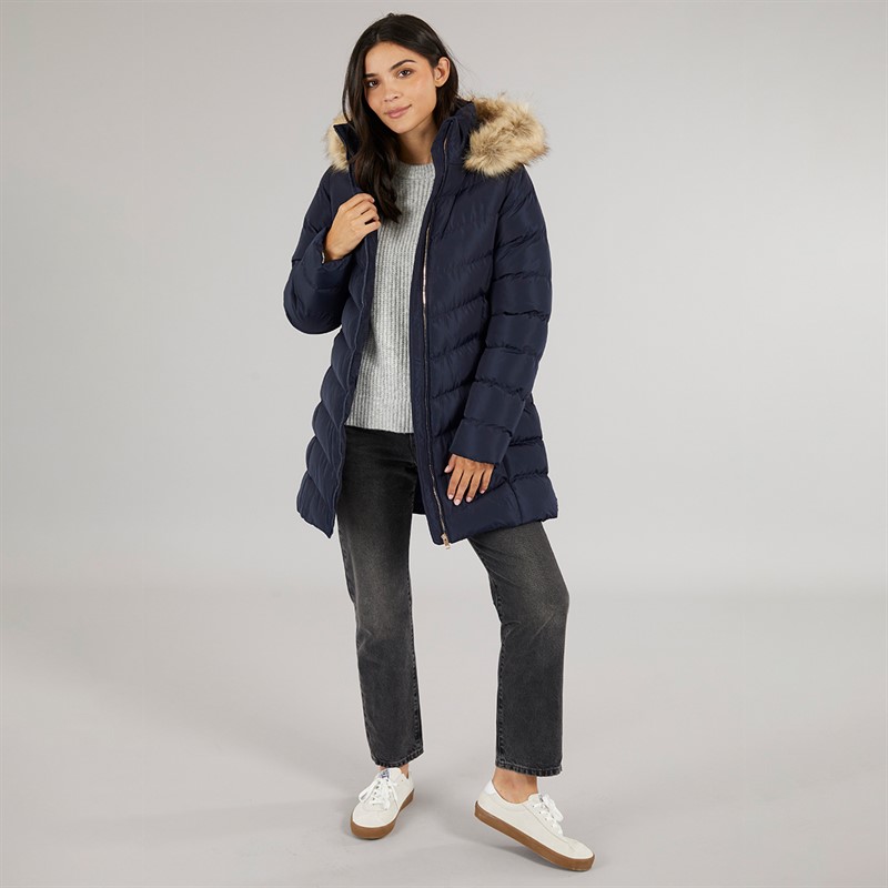 Board Angels Womens Belted Jacket With Faux Fur Trim Hood Navy